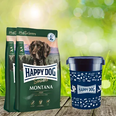 Produktbild von Happy Dog Sensible Montana 2 x 10 kg + Happy Dog Futtertonne 43 Liter geschenkt