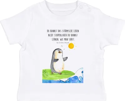Produktbild von Mr. & Mrs. Panda Organic Baby Shirt Pinguin Surfer 0. - 6. Monat - Weiß - Geschenk, Optimistisch, Hawaii, Pinguine, Kinder Top, Oberteil, Urlaub,  T-Shirt, Öko