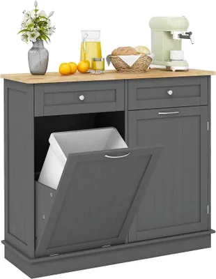 Image de Meuble de rangement pour poubelle de 42 litres, armoire de cuisine avec un grand plan de travail et 2 tiroirs, ainsi qu'une étagère réglable, meuble pour poubelle avec support intégré, armoire de cuisine sans poubelle (gris)