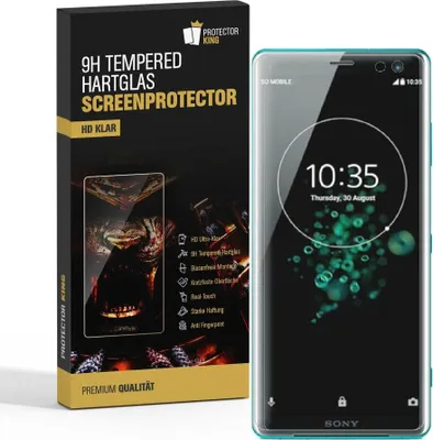 A product packaging box for a screen protector next to a smartphone displaying a clock and a background image.