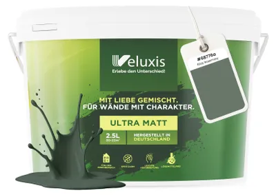 Produktbild von Wandfarbe Grün Grau Salbeigrün Matt Innenfarbe – Deckkraft Klasse 1, VOC-frei, Ohne Grundierung, Tropfarm – Wohnzimmer & Schlafzimmer – 2,5L – Veluxis (Ritzy Rosemary)