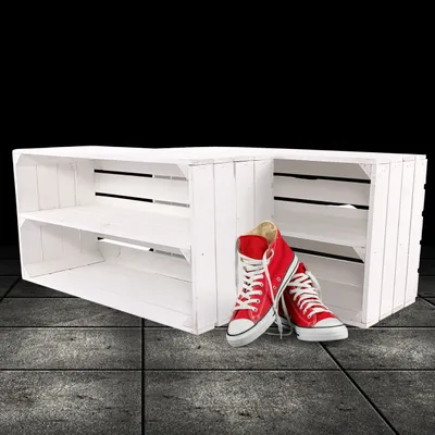 Produktbild von 2 Große weiße Holzkiste mit Mittelbrett 68cm x 40cm x 31cm Obstkisten Weinkiste Regal Holzboxen DIY Weinregal weiß shabby chic Apfelkiste Holzregal
