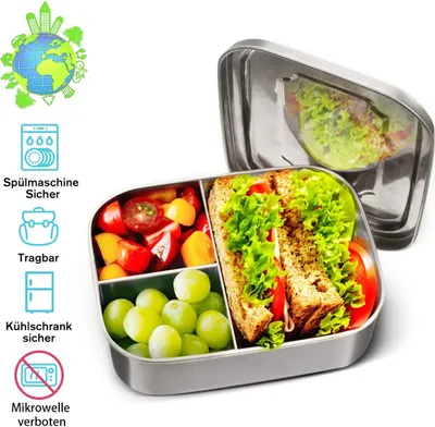 Produktbild von Lunchbox Edelstahl, Bento Box Edelstahl,Lunchbox 1000ML mit Einteiler und 3 Fächern, spülmaschinenfest, ideal für gesunde Snacks