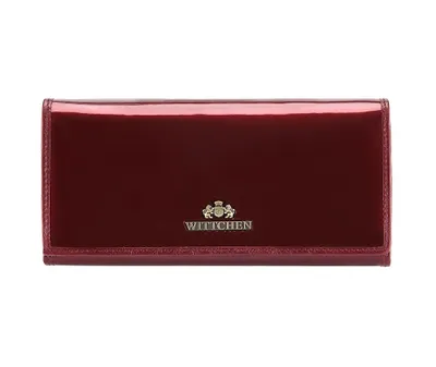 A red patent leather wallet is shown against a white background.