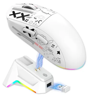 Obrázok produktu pre Herná myš s 3 režimami podsvietenia RGB a magnetickou nabíjacou základňou, programovateľná pre PC a notebooky, biela