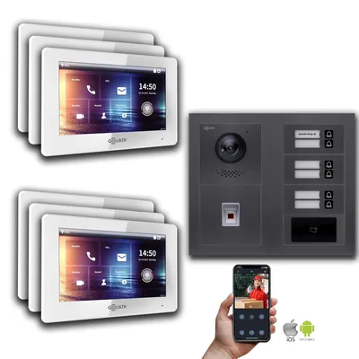 Produktbild von Goliath 2-Draht BUS Video Türsprechanlage: 6 Familienhaus, Fingerprint, RFID, Anthrazit : Aufputzdose : 7 Zoll in Weiß Monitor Auswahl: 7 Zoll in Weiß Türklingel Montagedose: Aufputzdose