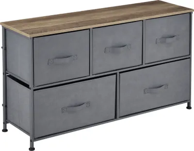 Produktbild von [pro.tec] Komoda z 5 szufladami Konsola 55 x 100 x 29 cm Półka z pojemnikami Stolik nocny z szufladami z włókniny Kolory szary/drewno