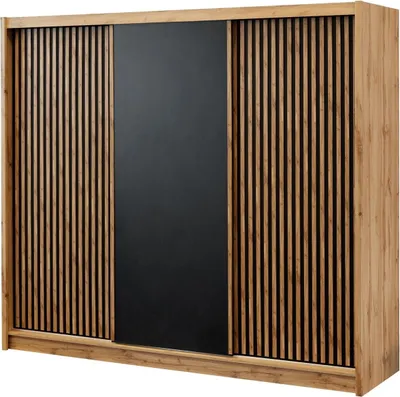 Image de BETTSO NEVADA Armoire à trois portes avec lamelles, largeur 250 cm, finition chêne Wotan et noir