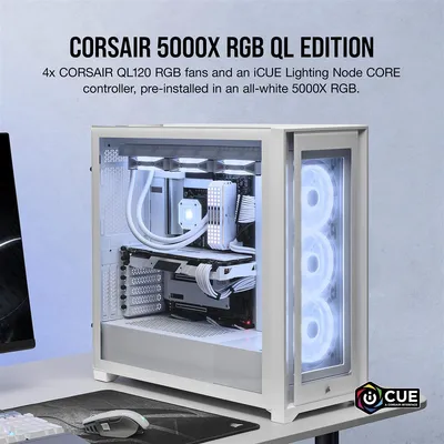 Produktbild von Corsair 5000X RGB QL Edition, Midi Tower, PC, Weiß, ATX, EATX, micro ATX, Mini-ITX, Kunststoff, Stahl, Gehärtetes Glas, Gaming