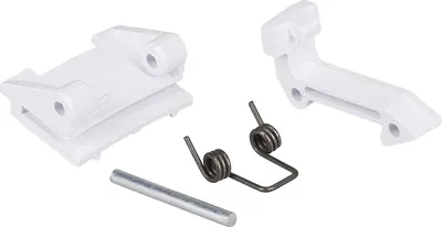 A set of white plastic parts and metal springs are laid out on a white background.