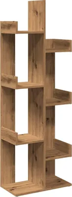 A wooden bookshelf with an asymmetrical design.