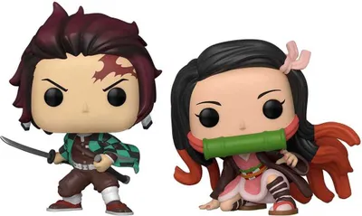 Two Funko Pop! vinyl figures, Tanjiro and Nezuko from Demon Slayer, are shown side-by-side against a white background.