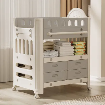 Produktbild von Wickelkommode mit Wickelaufsatz，Wickelschrank, Wickelaufsatz, Baby Möbel Kommode, Höhenverstellbarer Wickeltisch mit 4 Schubladen Grau 【NBT598】