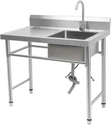 Productafbeelding van Vrijstaande roestvrijstalen spoelbak, 1 bak, professionele keukenspoel. Roestvrij staal 201, keukenwasbak met 360° kraan. Afmetingen: 100 x 60 x 93 cm. Buitenkeuken voor restaurants, cafés (linker werkblad)