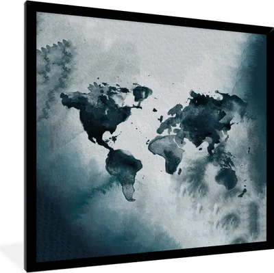 Produktbild von MuchoWow® MuchoWow® Gerahmtes Poster Weltkarte - Blau - Aquarell 40x40 cm - Poster mit zchwarzem Bilderrahmen - Mit Rahmen - Wanddekoration Schlafzimmer