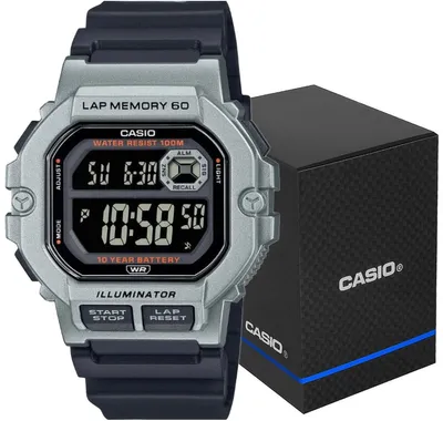 A Casio digital watch and its packaging are displayed against a white background.