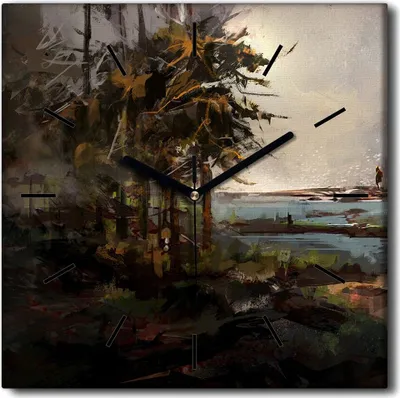 Produktbild von Coloray Uhr auf Leinwand 30x30 cm Wand Uhr Dekoration Wohnzimmer Segeltuch schwarze Hände -Waldlandschaftsboot.