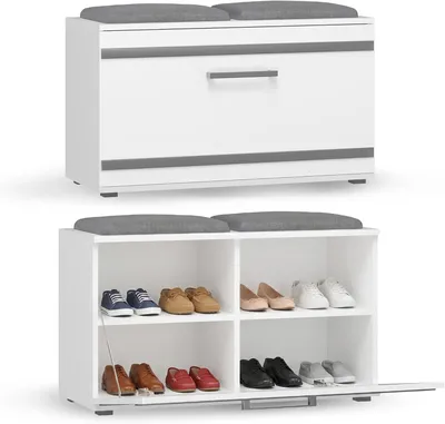 Produktbild von Schuhschrank Opal in Weiß für Diele, Flur oder Büro mit 4 Schuhregalen, bequemem Sitz und Flügeltür