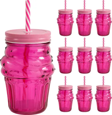 Produktbild von 12 Trinkgläser Muffin Pink Deckel Mehrweg Strohhalm Gläser Cocktailgläser 450ml