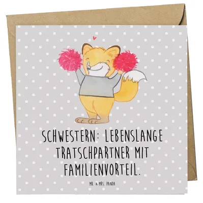 Produktbild von Mr. & Mrs. Panda Glückwunschkarte Schwestern Tratschpartner - Grau Pastell - Geschenk, Grußkarte, Jubiläen, faltkarte, Tratsch, Familie, Schwester, Familiengeschenk, Spaß
