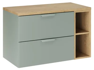 Productafbeelding van Hangend badkamermeubel OSTER 80cm: onderkast met saliegroene laden en zichtbare nissen + blad voor wastafel