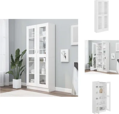 A collage of images showing a white display cabinet with glass doors in different settings and angles.