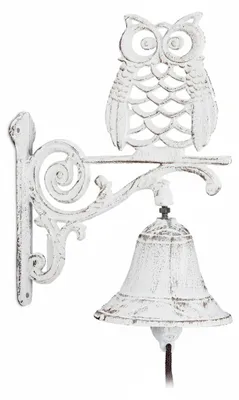 Image de Relaxdays : cloche de porte en fonte, motif chouette, style cottage antique, avec cordon, résistante aux intempéries, cloche murale pour porte d'entrée, décoration de jardin, blanche