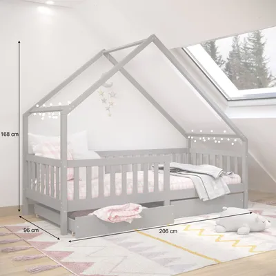 Produktbild von Hausbett ALVA aus Kiefer Massivholz, grau - Kinderbett mit Dach, Tipibett mit Schubladen, Kinderzimmer Bett, Bodennahes Bett Montessori, ideal für Dachschrägen