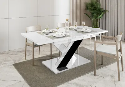 Produktbild von Esstisch BRONX, Stilvoll Ausziehbar Esszimmertisch, Design Tisch, Esszimmer (Weiß Hochglanz + Schwarz Hochglanz)