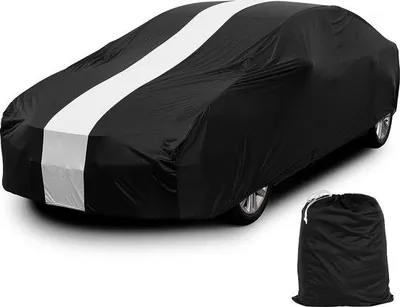 Immagine prodotto di Copertura interna per auto Unyqoos® in poliestere elasticizzato: telo elastico e traspirante per garage, dimensioni 460–500 cm (4,6–5,0 m), resistente alla polvere, ai graffi e al vento, colore nero/bianco