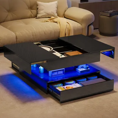 Zdjęcie produktu dla Stolik kawowy UnboxG 78×78×43 cm czarny, wysoki połysk kwadratowy, rozkładany z szufladą i schowkiem, nastrojowe oświetlenie LED sterowane za pomocą aplikacji, salon, stolik pomocniczy