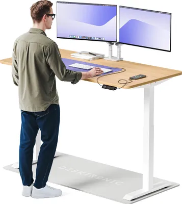 Image de Desktronic HomeOne Bureau électrique réglable en hauteur 160x80cm blanc/chêne avec fonction mémoire, technologie anti-collision, ports de chargement USB-A et USB-C