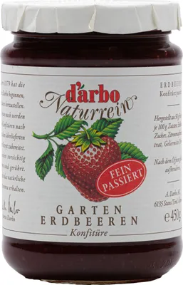 Produktbild von Food-United KONFITÜRE Gartenerdbeere-Erdbeere passiert 450g von DARBO Naturrein fruchtiger strawberry jam perfekt für Brot und Brötchen Erdbeerkuchen Frühstück Quark Porridge Puddings Eiscremes Füllungen Gebäck