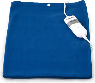 A blue electric heating pad with a white controller.