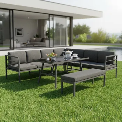 Produktbild von Essgruppe Aluminium – Ecksofa mit Bank & Tisch, wetterfeste Lounge, grau