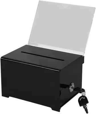 Produktbild von Unyqoos® Spendenbox aus schwarzem Acryl, auch als Wahlurne geeignet – mit Schloss & 2 Schlüsseln, abnehmbarem Displayhalter, 11 x 17 x 12 cm
