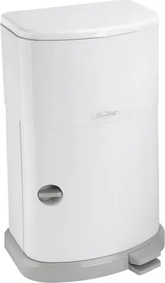 A white diaper pail with a gray base and pedal.