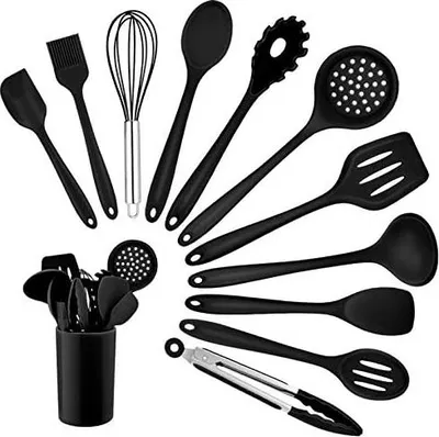 Produktbild von Homikit Silikon Küchenhelfer Set, 12 Stück Schwarz Kochutensilien Kochgeschirr, Hitzebeständiger Kochbesteck Set mit Utensilienhalter, Gesund & Antihaft, Spülmaschinengeeignet