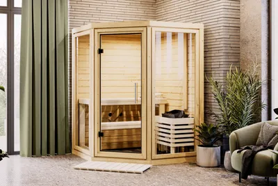 Produktbild von Karibu Sauna Innensauna Yuma Eckeinstieg Ofen 9 KW externe Strg easy 158x158x207 cm ohne Dachkranz