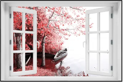 Produktbild von Wallario Wandbild mit Fenster-Illusion: Romantische Bootsanlegestelle in rot-weiß, Größe: 61 x 91,5 cm, Poster mit schwarzem Aluminiumrahmen