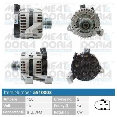 Produktbild von MEAT & DORIA 5510003 Lichtmaschine Generator LiMa 150A 14V für FORD MONDEO IV Turnier (BA7) S-MAX (WA6) MONDEO IV (BA7) MONDEO IV Stufenheck (BA7)