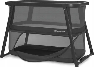 A black and gray travel crib with mesh sides.