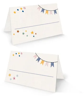 Produktbild von 25 Stück Tischkarte Schulanfang Kindergeburtstag Babyparty 8,5x5,5 cm Klappkarte beige bunt beschriftbar für Kinder & Feste – Logbuch-Verlag