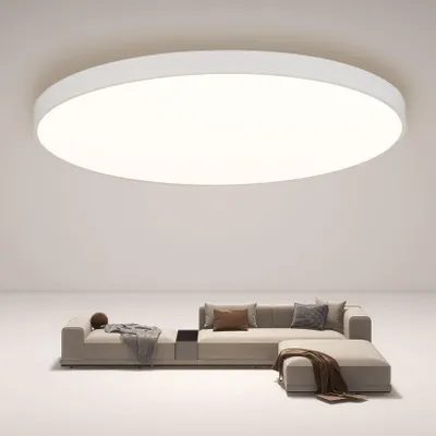 A modern living room scene with a large, circular ceiling light and a sectional sofa.