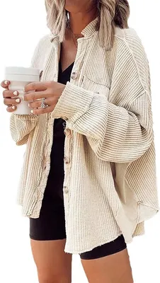 Produktbild von ASKSA Damen Waffelstrick Bluse Hemdjacke Fledermausärmel Button Down Strickjacke Jacke, Aprikose, XL
