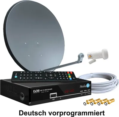 Produktbild von Digitale Satanlage Komplettset 60cm Sat-Schüssel Spiegel HDTV Sat-Receiver 2x USB LNB 0,1dB Kabel Sat Anlage 1 Teilnehmer Full HD Astra 19°E Deutsch F-Steckern