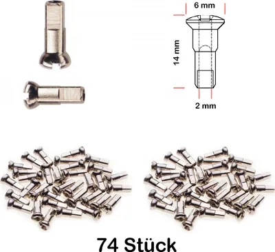 Produktbild von 74 Stück Speichen Nippel Fahrrad Felge Laufrad ROSTFREI 2,0 mm x 14mm MESSING