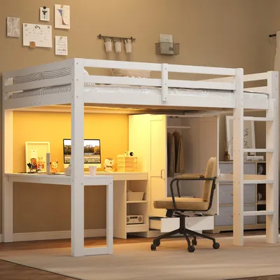 Productafbeelding van ELANDEPOT Hoogslaper 90 cm × 200 cm wit LED-verlichting USB-oplaadfunctie bureau kledingkast laden opbergruimte