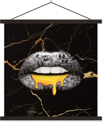Produktbild von MuchoWow® Textilposter Lippen - Geld - Abstrakt 90x90 cm mit schwarzem Rahmen - Magnetisches