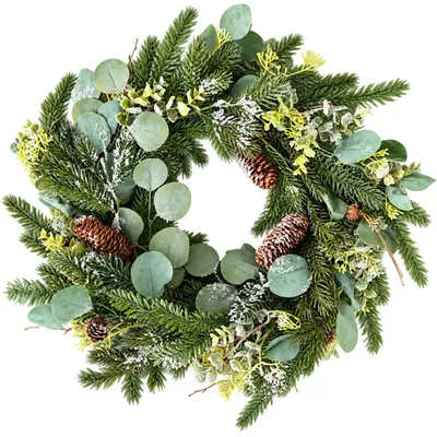 Produktbild von Weihnachtlicher Türkranz ∅ 55 cm wie echt, Tannenkranz & Eukalyptus auf Weidenkranz mit Zapfen, Adventskranz inklusive Staubbeutel